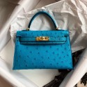 Hermes original ostrich leather mini kelly bag K001 blue JH01406Kn56